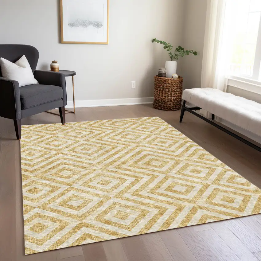 Gold Beige And Ivory Geometric Washable Indoor Outdoor Area Rug Photo 9