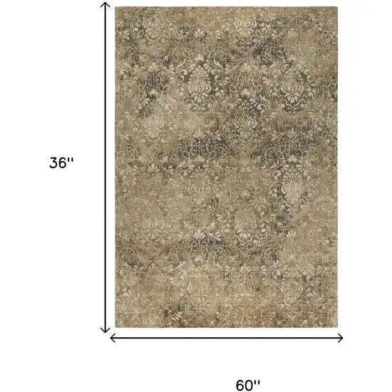 Gold Beige And Ivory New Zealand Lambs Wool Damask Hand Carved Handmade Area Rug Photo 6