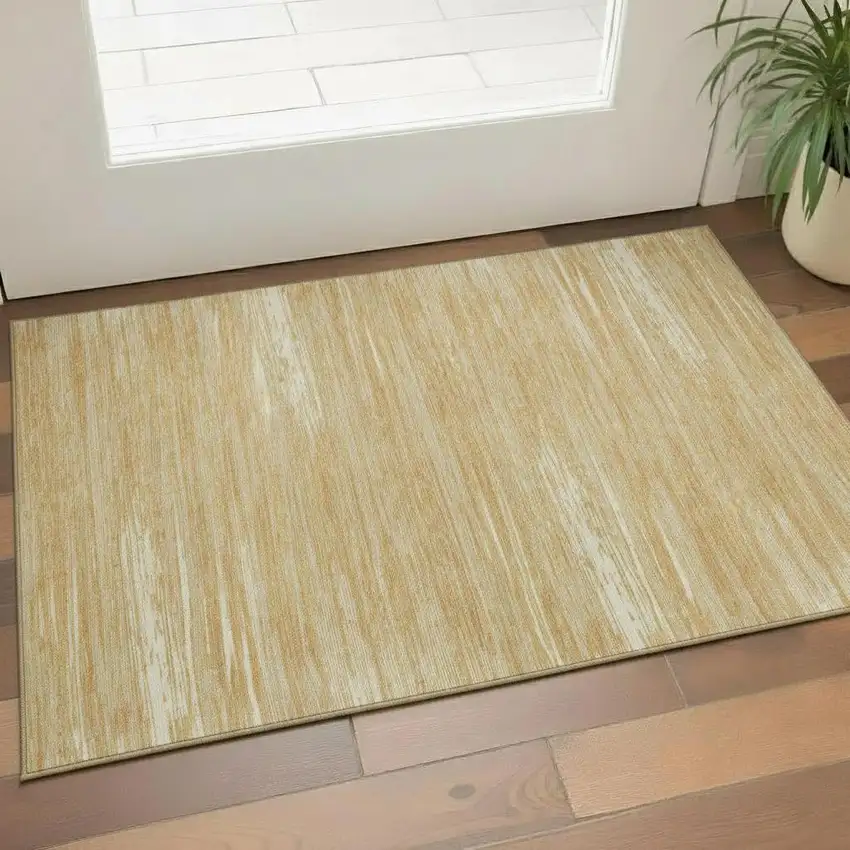 Gold Beige And Ivory Striped Washable Area Rug With UV Protection Photo 1