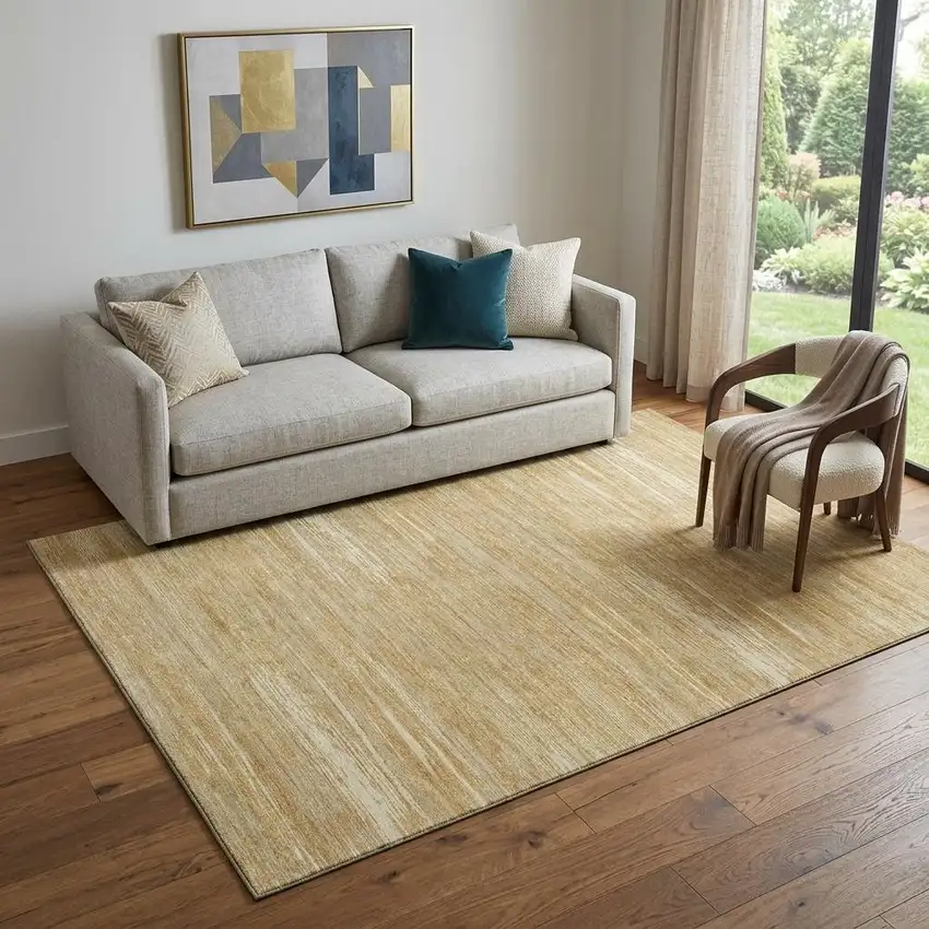 Gold Beige And Ivory Striped Washable Area Rug With UV Protection Photo 1