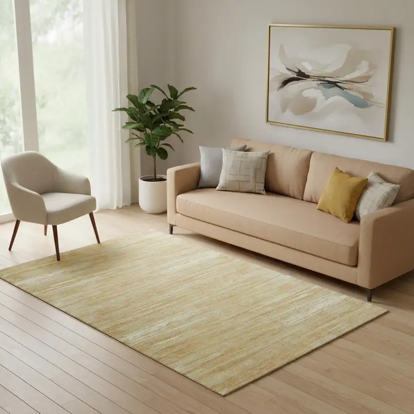 Gold Beige And Ivory Striped Washable Area Rug With UV Protection Photo 1