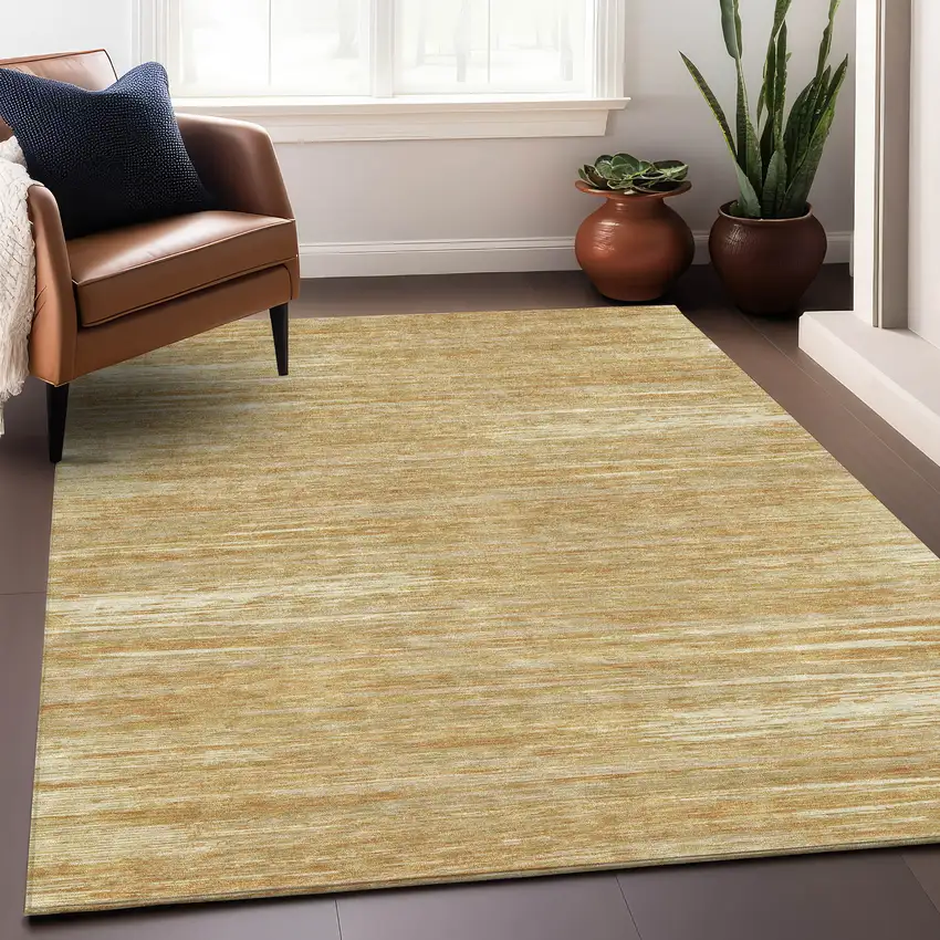 Gold Beige And Ivory Striped Washable Area Rug With UV Protection Photo 3