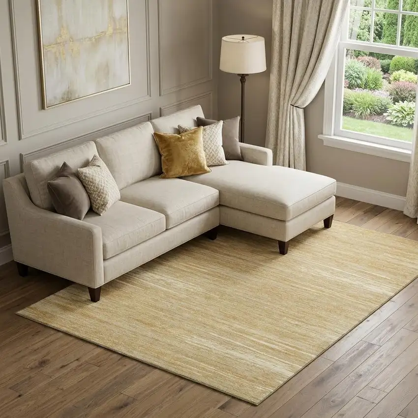 Gold Beige And Ivory Striped Washable Area Rug With UV Protection Photo 1