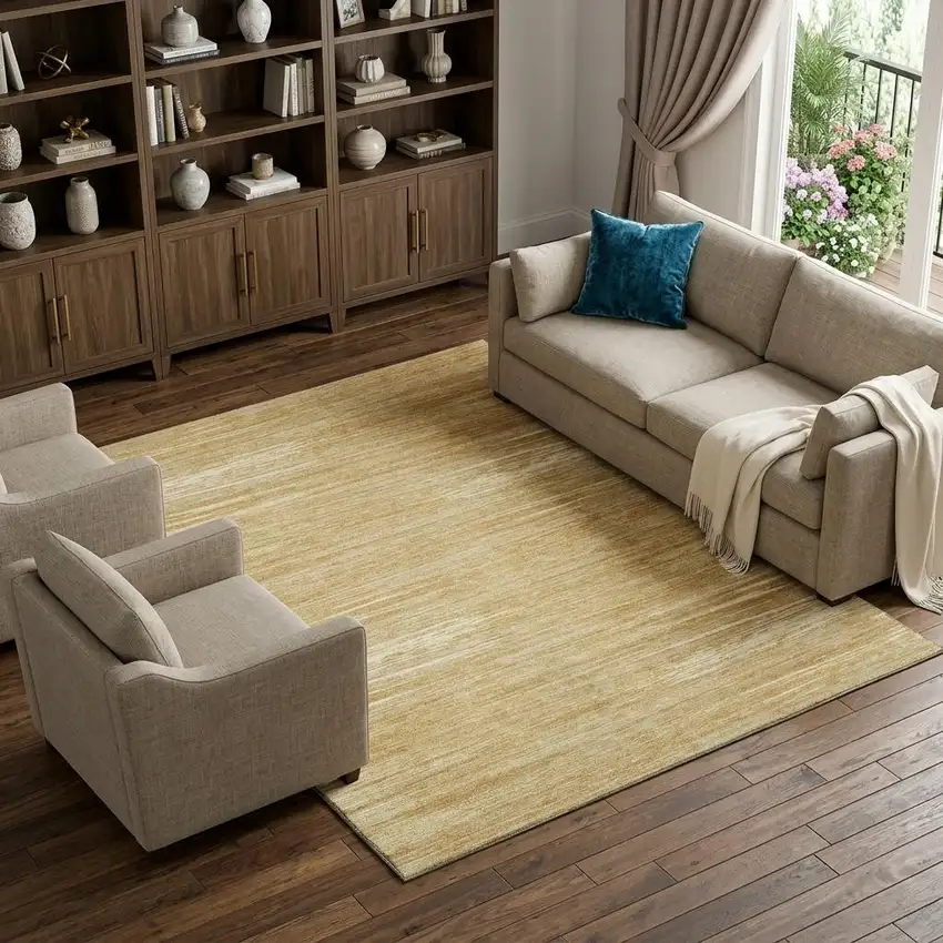 Gold Beige And Ivory Striped Washable Area Rug With UV Protection Photo 1
