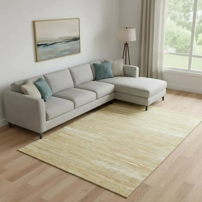 Gold Beige And Ivory Striped Washable Area Rug With UV Protection Photo 1