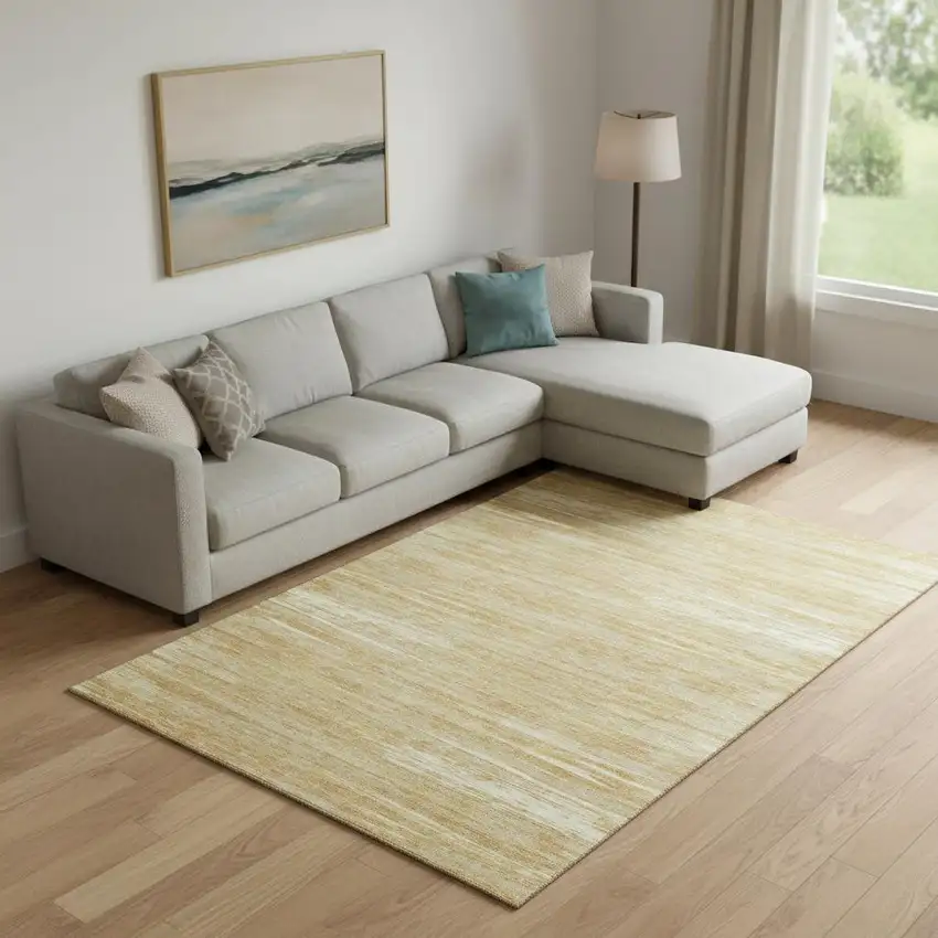 Gold Beige And Ivory Striped Washable Area Rug With UV Protection Photo 1