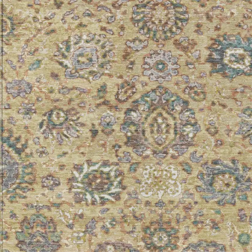 Gold Beige And Pale Aqua Floral Washable Indoor Outdoor Area Rug Photo 3