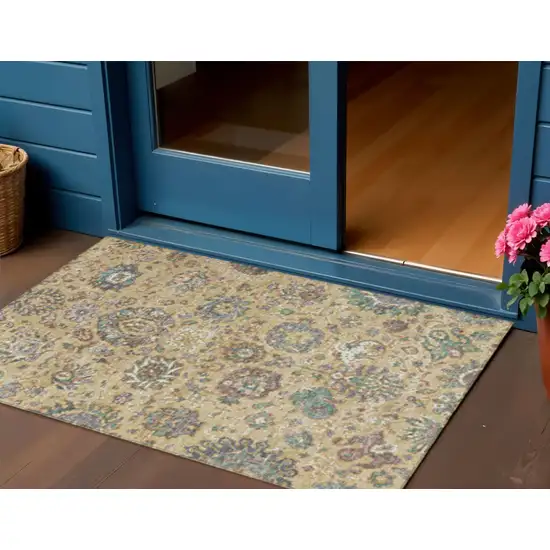 Gold Beige And Pale Aqua Floral Washable Indoor Outdoor Area Rug Photo 2