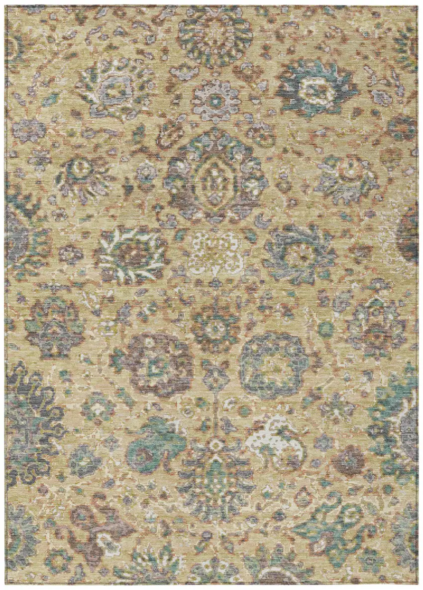Gold Beige And Pale Aqua Floral Washable Indoor Outdoor Area Rug Photo 1