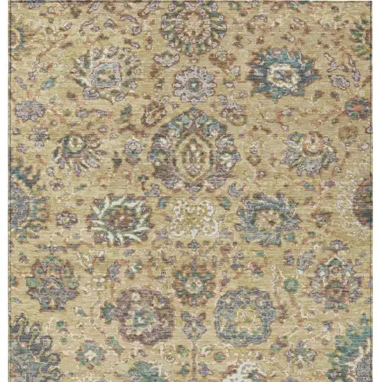 Gold Beige And Pale Aqua Floral Washable Indoor Outdoor Area Rug Photo 4