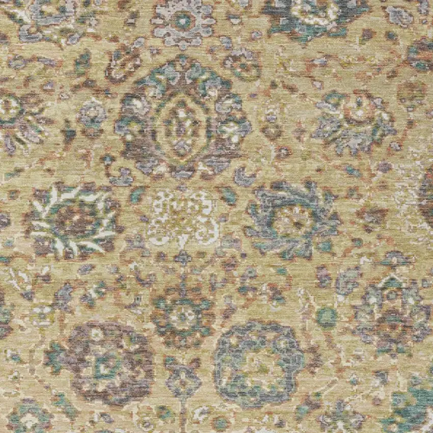 Gold Beige And Pale Aqua Floral Washable Indoor Outdoor Area Rug Photo 3