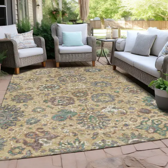 Gold Beige And Pale Aqua Floral Washable Indoor Outdoor Area Rug Photo 5