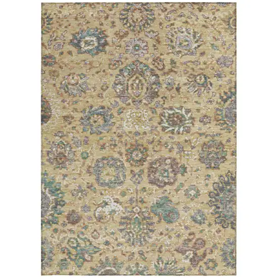 Gold Beige And Pale Aqua Floral Washable Indoor Outdoor Area Rug Photo 3