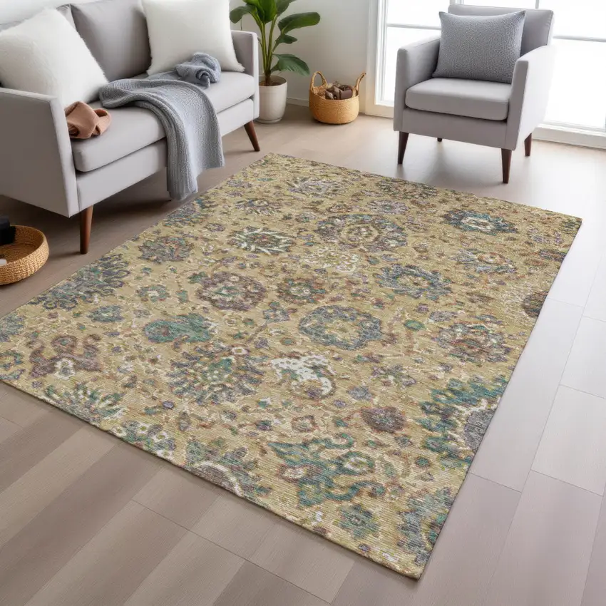 Gold Beige And Pale Aqua Floral Washable Indoor Outdoor Area Rug Photo 6