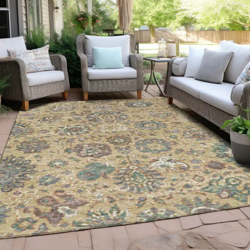 Gold Beige And Pale Aqua Floral Washable Indoor Outdoor Area Rug Photo 5