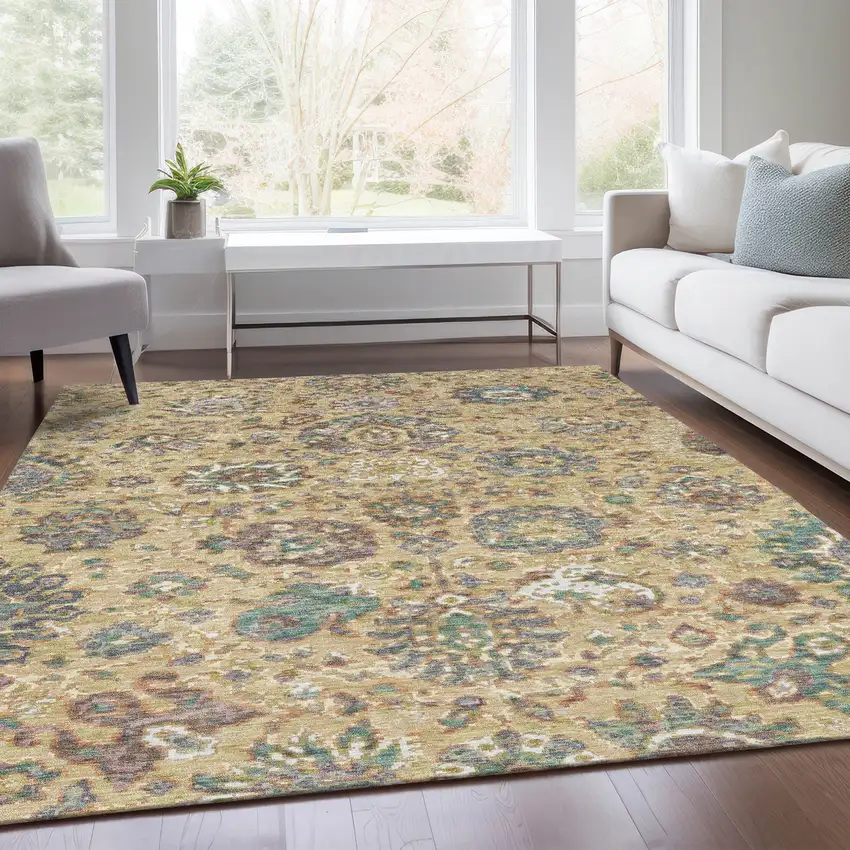 Gold Beige And Pale Aqua Floral Washable Indoor Outdoor Area Rug Photo 7