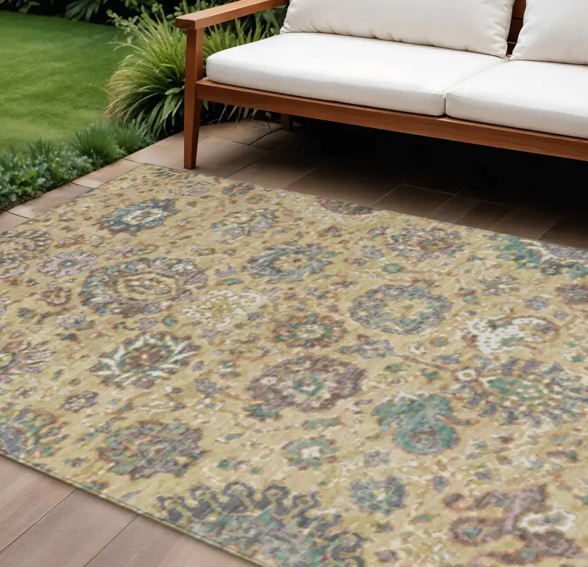Gold Beige And Pale Aqua Floral Washable Indoor Outdoor Area Rug Photo 2
