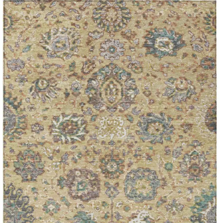 Gold Beige And Pale Aqua Floral Washable Indoor Outdoor Area Rug Photo 4