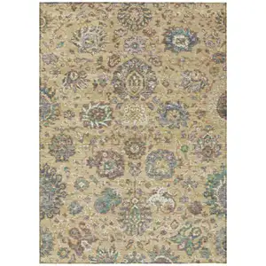 Photo of Gold Beige And Pale Aqua Floral Washable Indoor Outdoor Area Rug