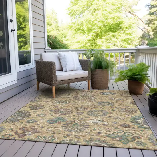 Gold Beige And Pale Aqua Floral Washable Indoor Outdoor Area Rug Photo 8