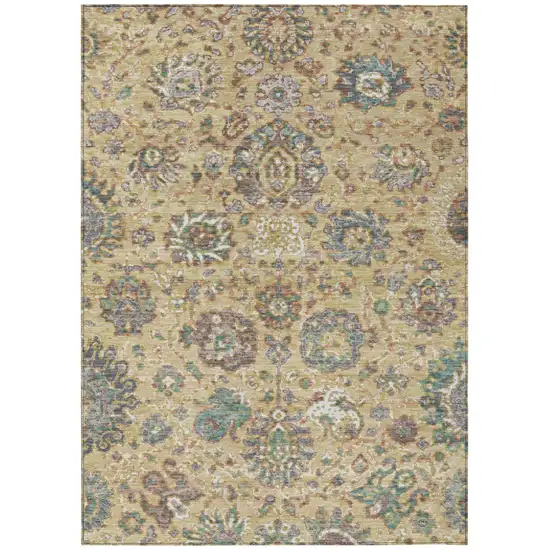 Gold Beige And Pale Aqua Floral Washable Indoor Outdoor Area Rug Photo 1