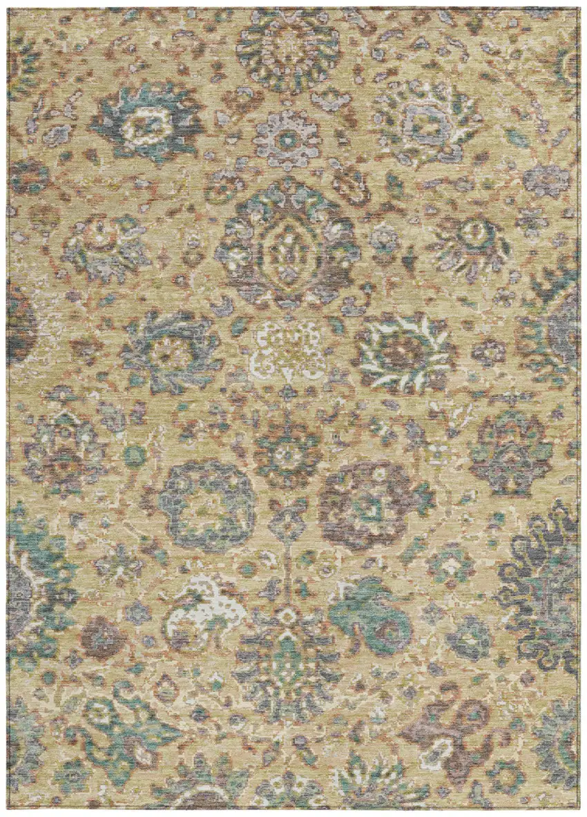 Gold Beige And Pale Aqua Floral Washable Indoor Outdoor Area Rug Photo 3