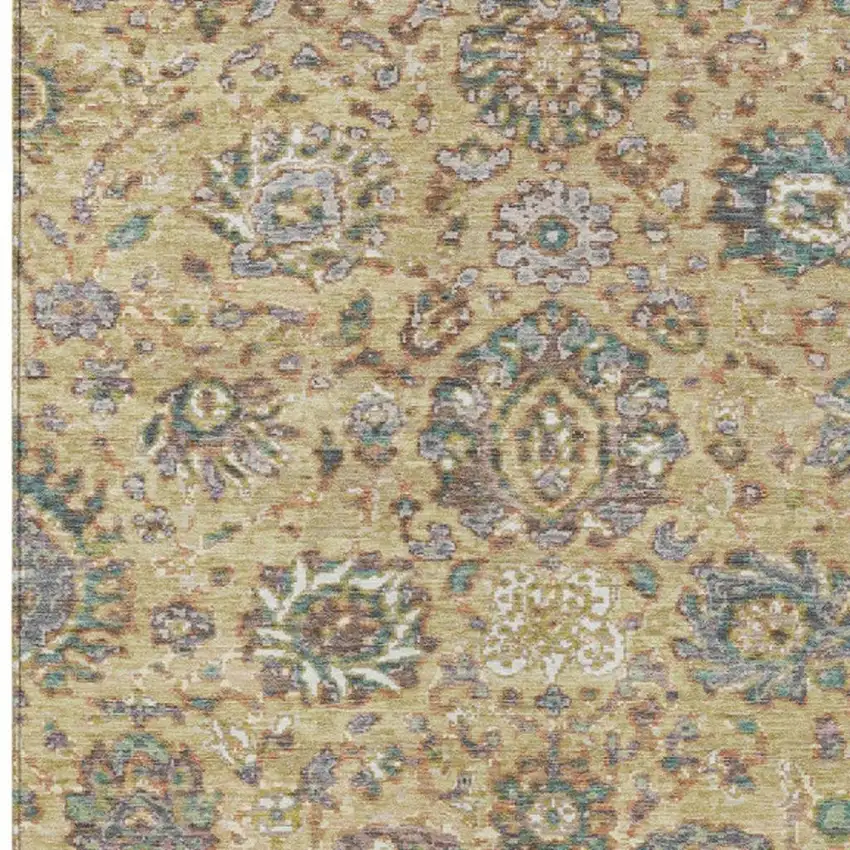 Gold Beige And Pale Aqua Floral Washable Indoor Outdoor Area Rug Photo 4