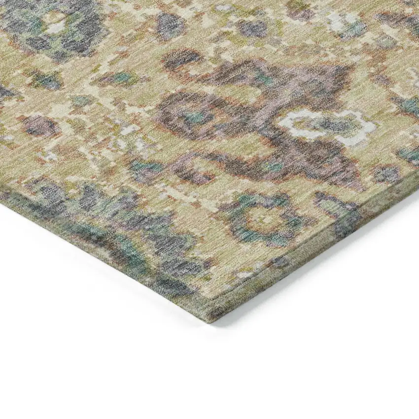 Gold Beige And Pale Aqua Floral Washable Indoor Outdoor Area Rug Photo 9