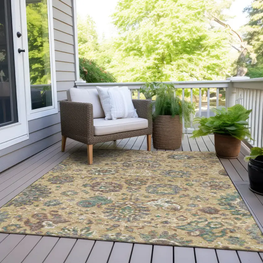 Gold Beige And Pale Aqua Floral Washable Indoor Outdoor Area Rug Photo 8