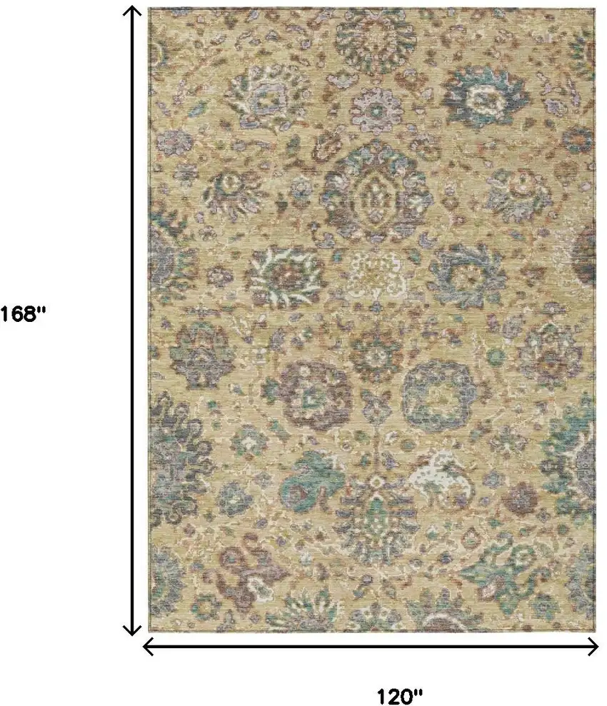 Gold Beige And Pale Aqua Floral Washable Indoor Outdoor Area Rug Photo 9