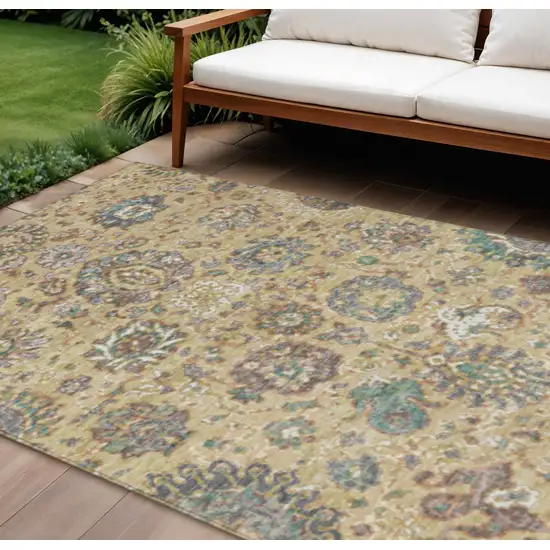Gold Beige And Pale Aqua Floral Washable Indoor Outdoor Area Rug Photo 2