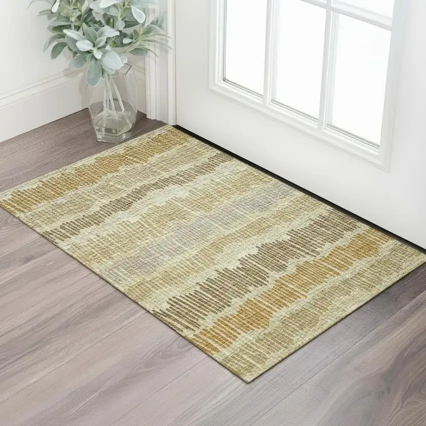 Gold Beige And Rust Striped Washable Area Rug With UV Protection Photo 1