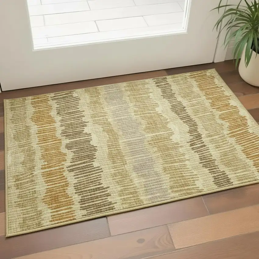 Gold Beige And Rust Striped Washable Area Rug With UV Protection Photo 2