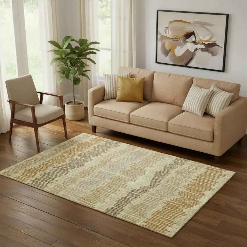 Gold Beige And Rust Striped Washable Area Rug With UV Protection Photo 1