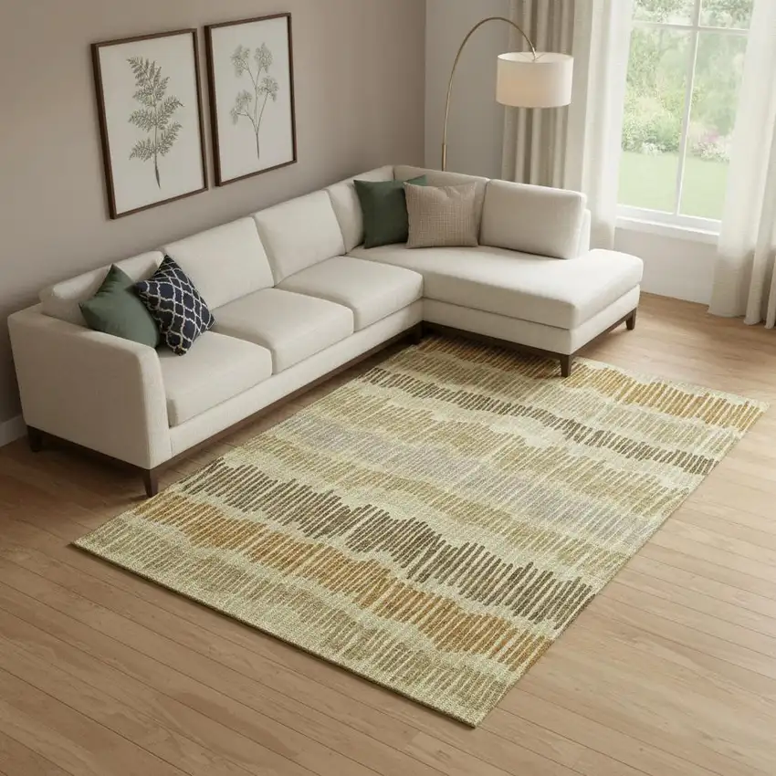 Gold Beige And Rust Striped Washable Area Rug With UV Protection Photo 1