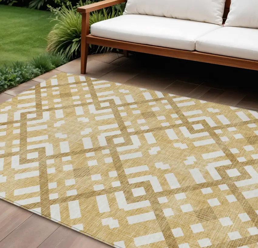 Gold Beige And Tan Geometric Washable Indoor Outdoor Area Rug Photo 1