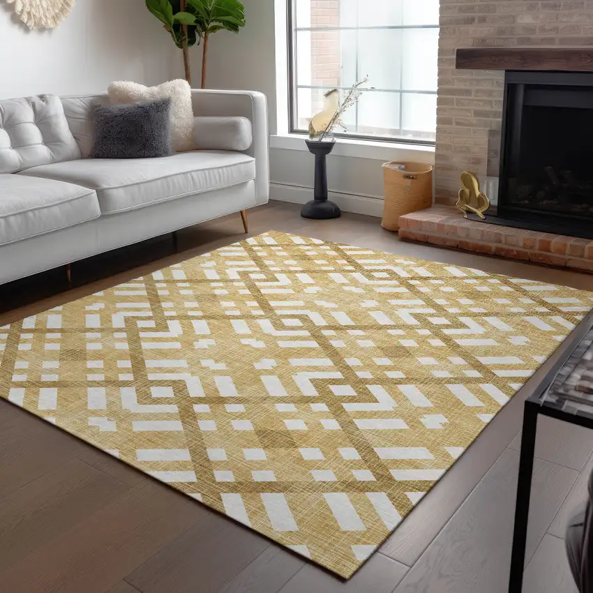 Gold Beige And Tan Geometric Washable Indoor Outdoor Area Rug Photo 9