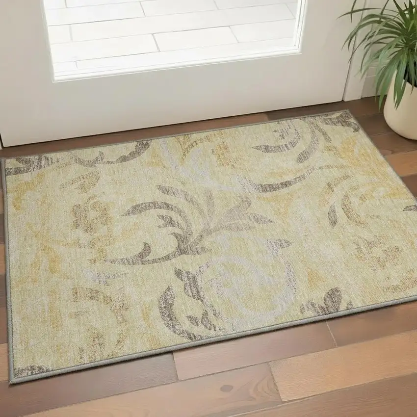 Gold Beige And Taupe Floral Washable Area Rug With UV Protection Photo 2