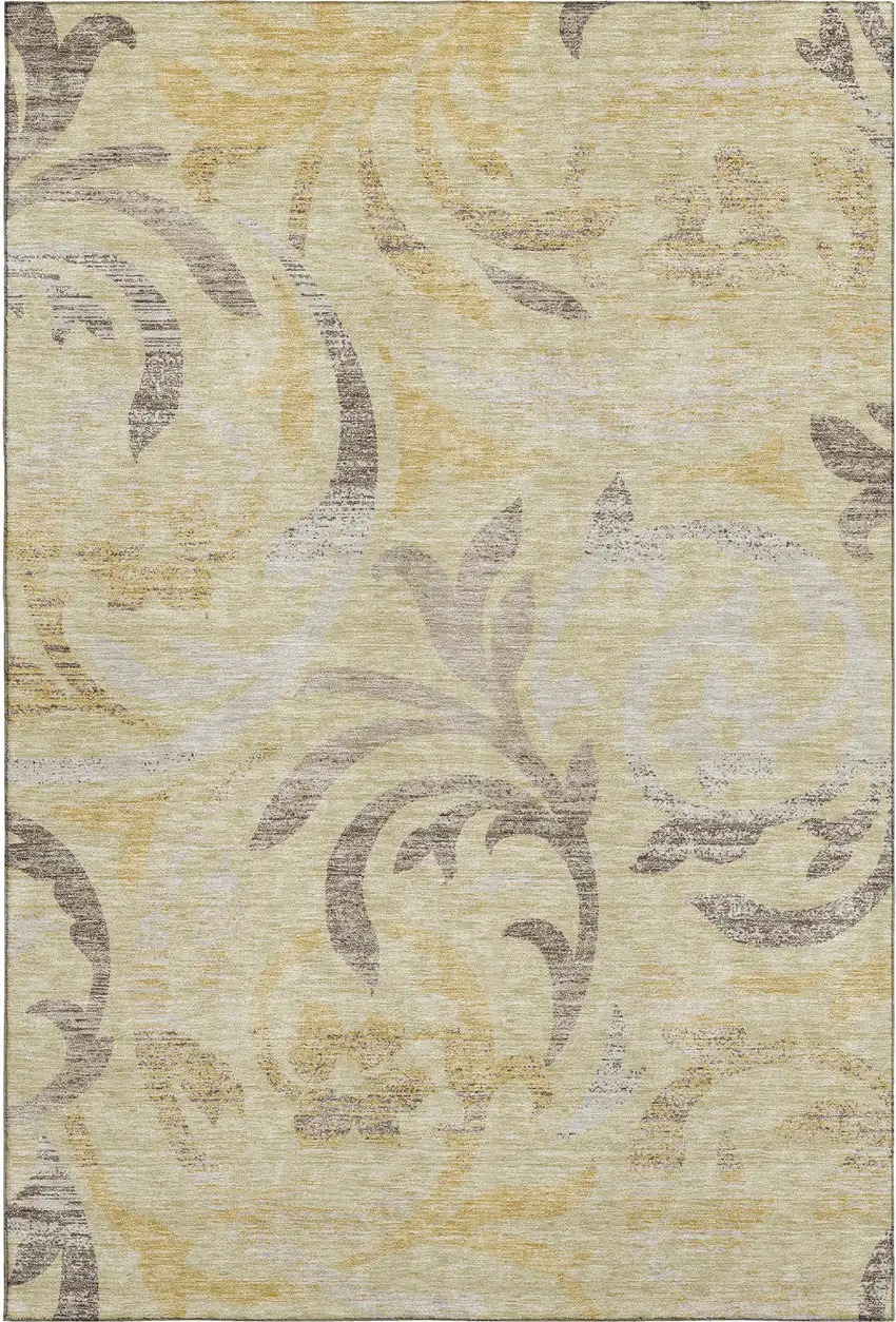 Gold Beige And Taupe Floral Washable Area Rug With UV Protection Photo 1