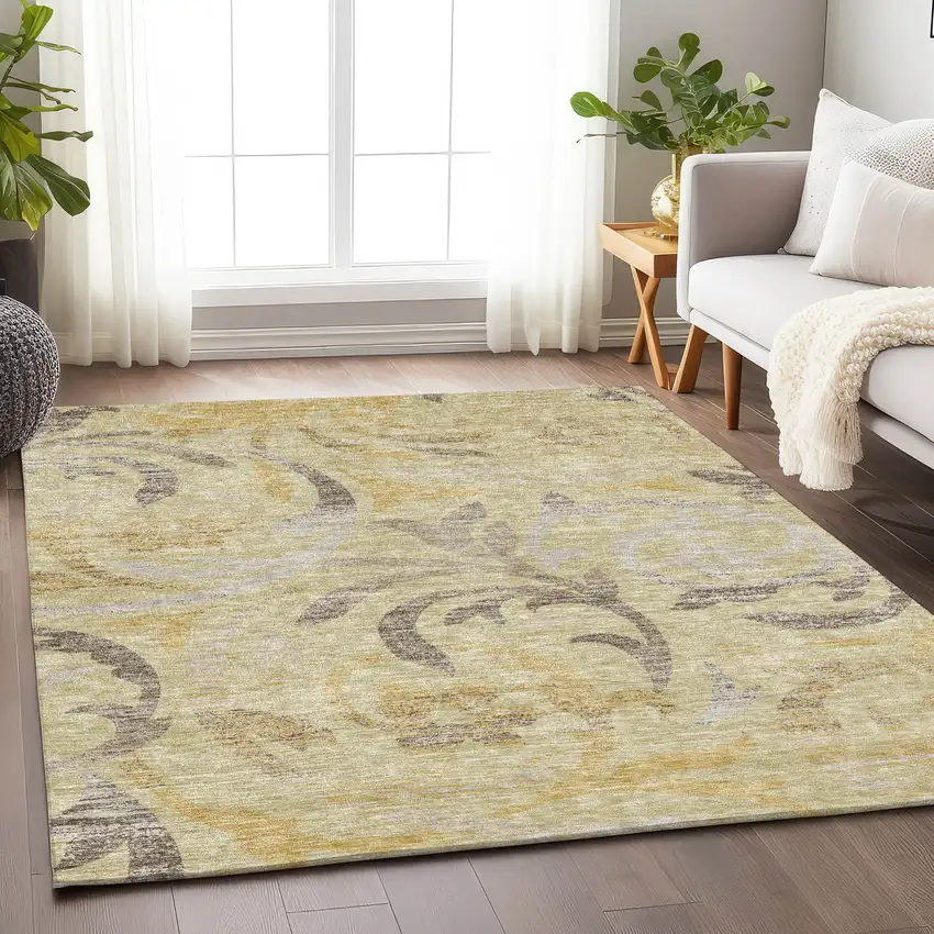 Gold Beige And Taupe Floral Washable Area Rug With UV Protection Photo 5