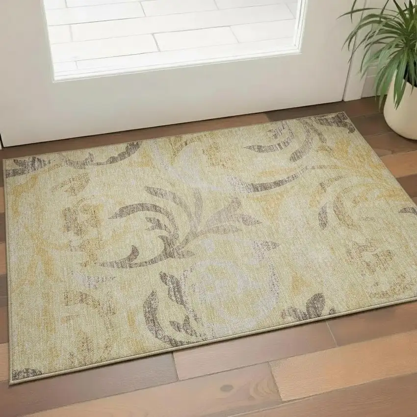 Gold Beige And Taupe Floral Washable Area Rug With UV Protection Photo 1