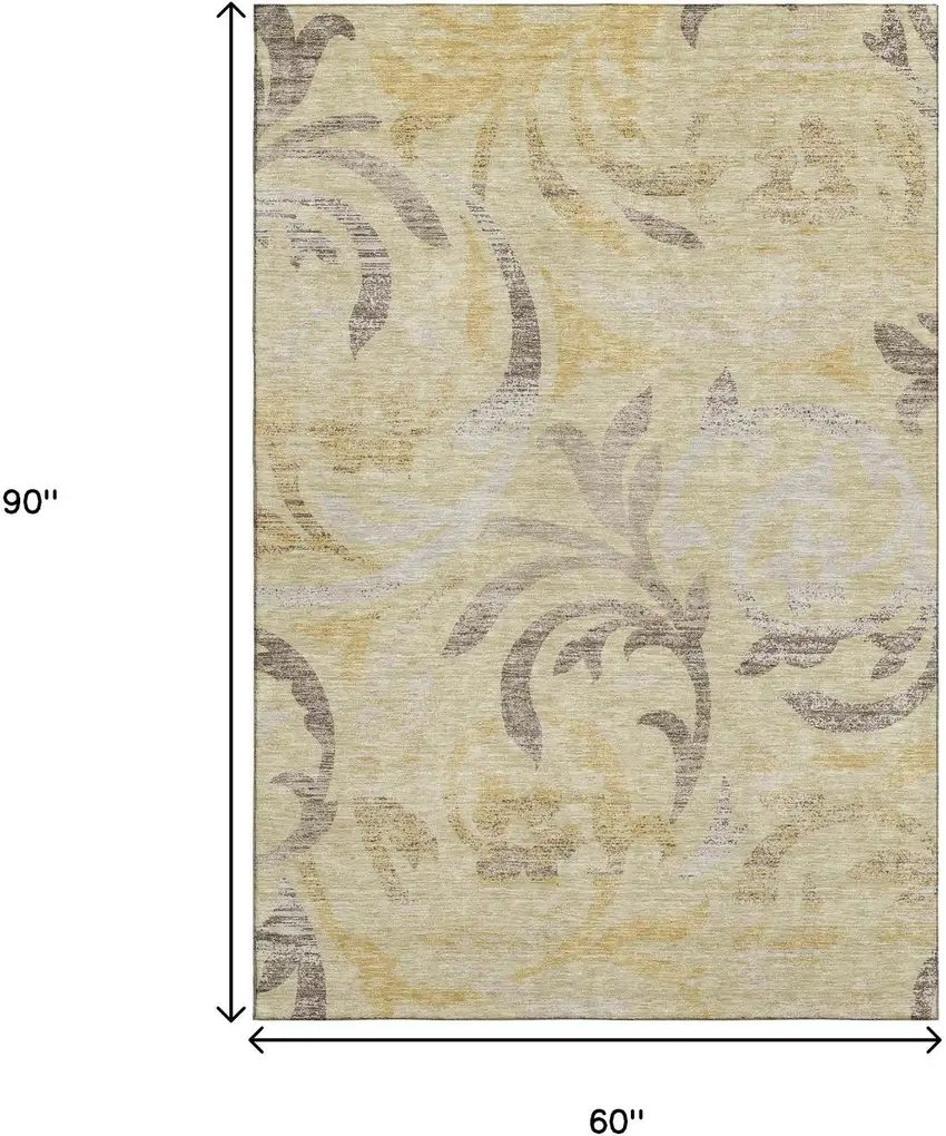 Gold Beige And Taupe Floral Washable Area Rug With UV Protection Photo 3