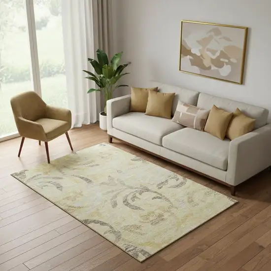 Gold Beige And Taupe Floral Washable Area Rug With UV Protection Photo 1