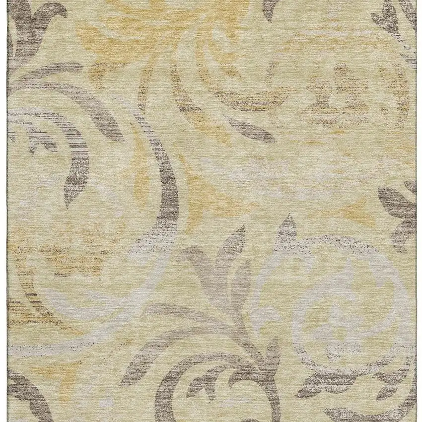 Gold Beige And Taupe Floral Washable Area Rug With UV Protection Photo 4