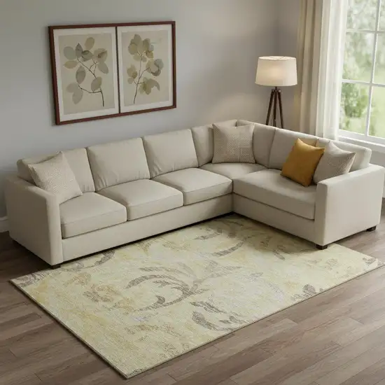 Gold Beige And Taupe Floral Washable Area Rug With UV Protection Photo 1