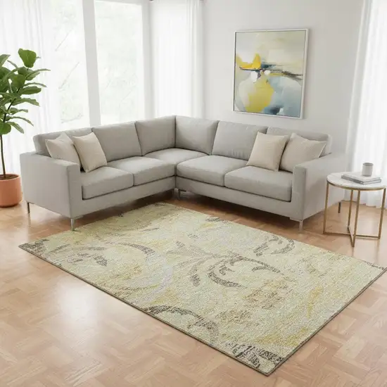 Gold Beige And Taupe Floral Washable Area Rug With UV Protection Photo 2