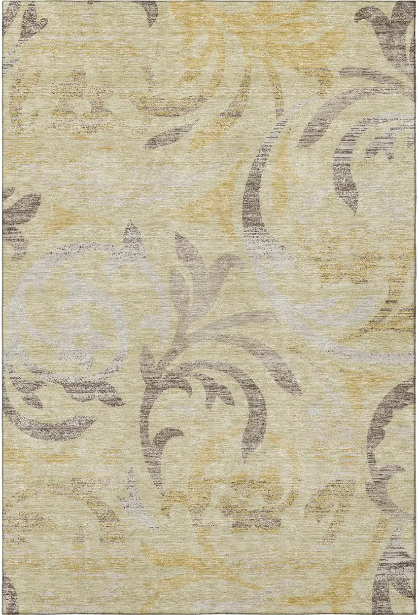 Gold Beige And Taupe Floral Washable Area Rug With UV Protection Photo 3
