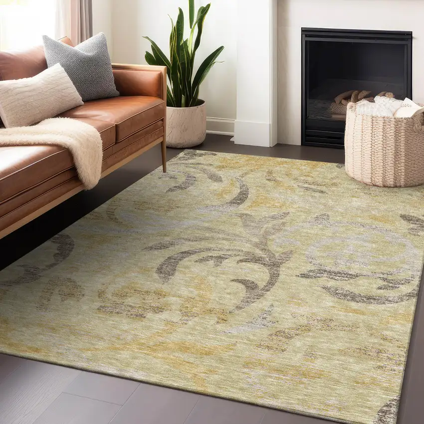 Gold Beige And Taupe Floral Washable Area Rug With UV Protection Photo 5