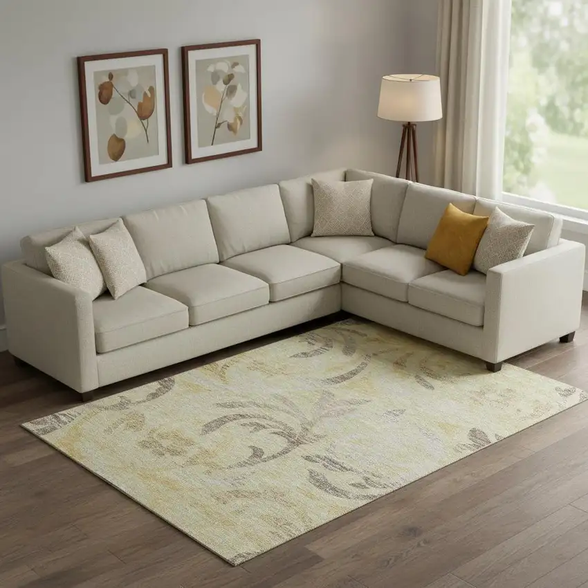 Gold Beige And Taupe Floral Washable Area Rug With UV Protection Photo 1