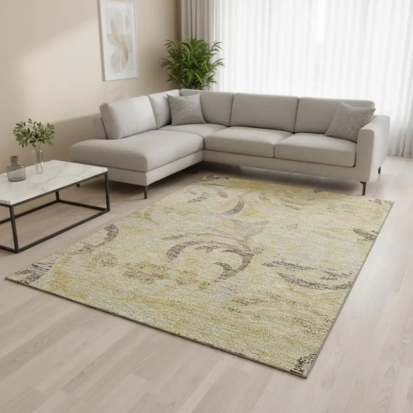 Gold Beige And Taupe Floral Washable Area Rug With UV Protection Photo 2